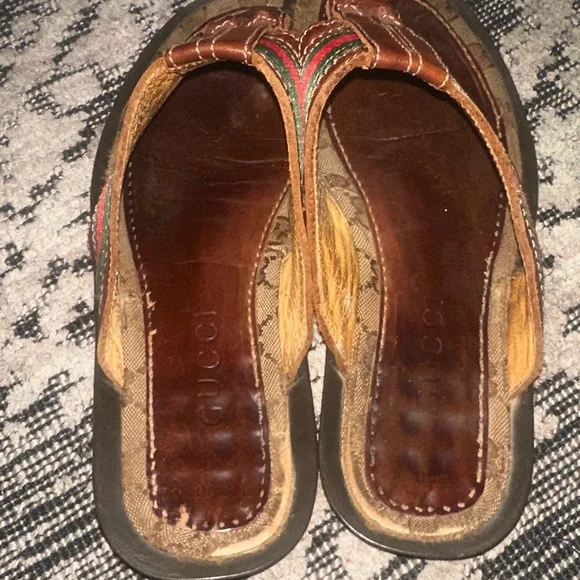 Gucci Brown Leather Sandals with Green and Red Stripes - Picture 5 of 7